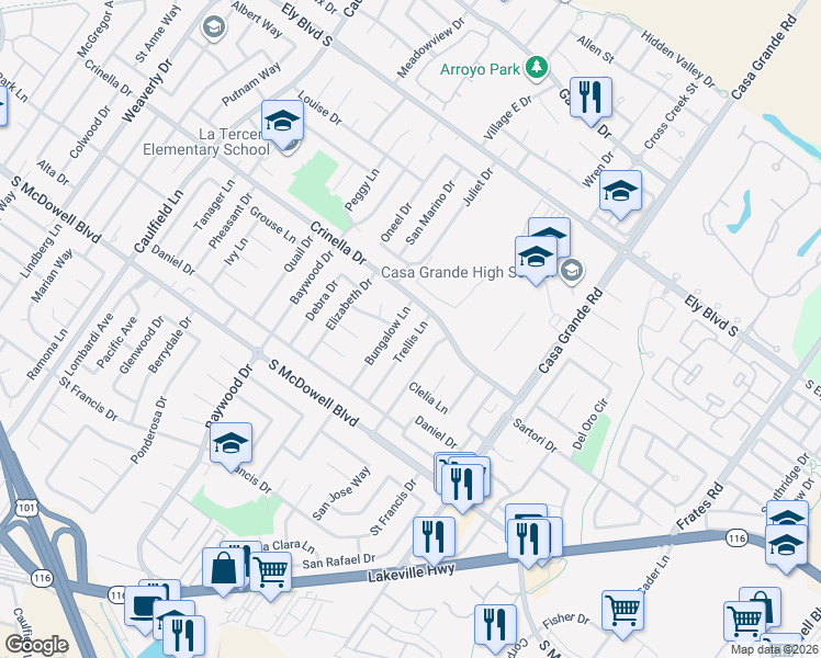map of restaurants, bars, coffee shops, grocery stores, and more near 1577 Trellis Lane in Petaluma
