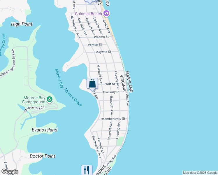 map of restaurants, bars, coffee shops, grocery stores, and more near 809 Bancroft Avenue in Colonial Beach