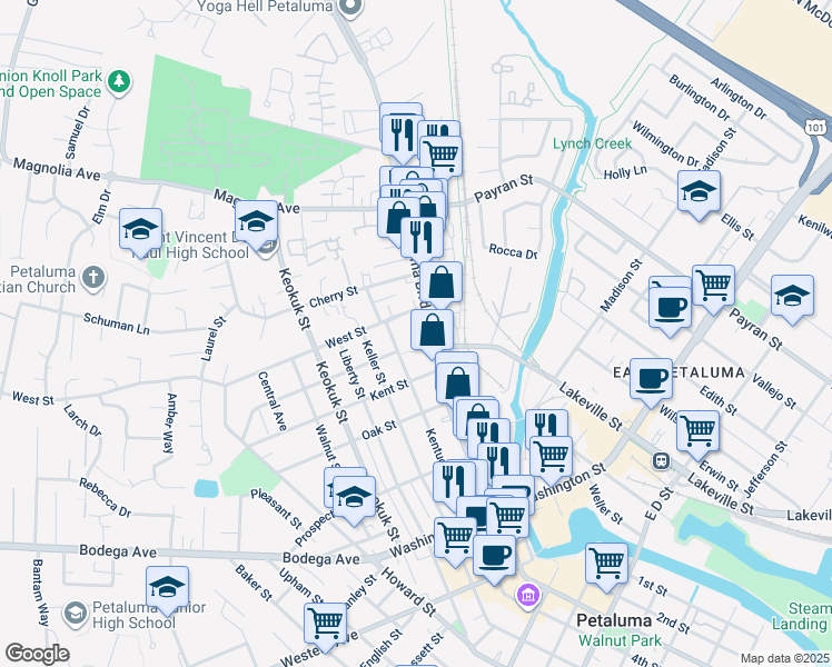 map of restaurants, bars, coffee shops, grocery stores, and more near 611 Petaluma Boulevard North in Petaluma