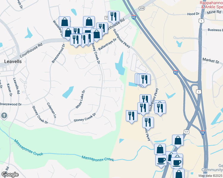 map of restaurants, bars, coffee shops, grocery stores, and more near 5138 Bellehaven Court in Fredericksburg