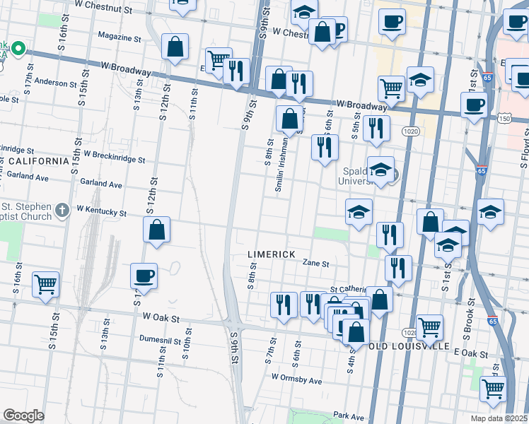 map of restaurants, bars, coffee shops, grocery stores, and more near 15 College Court in Louisville