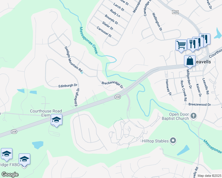 map of restaurants, bars, coffee shops, grocery stores, and more near 5813 Telluride Lane in Spotsylvania