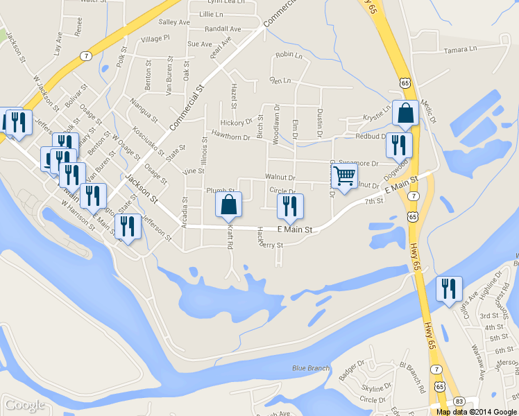 map of restaurants, bars, coffee shops, grocery stores, and more near N Wood St in Warsaw