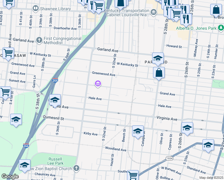 map of restaurants, bars, coffee shops, grocery stores, and more near in Louisville