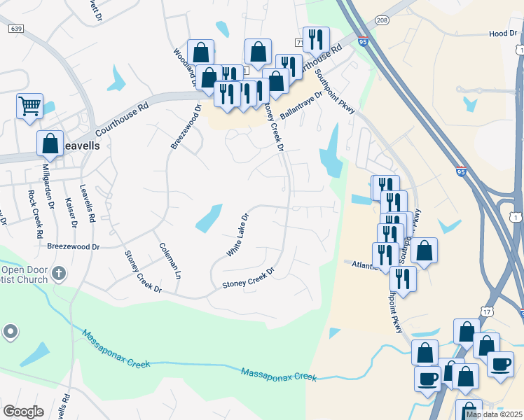 map of restaurants, bars, coffee shops, grocery stores, and more near 2014 White Lake Drive in Fredericksburg
