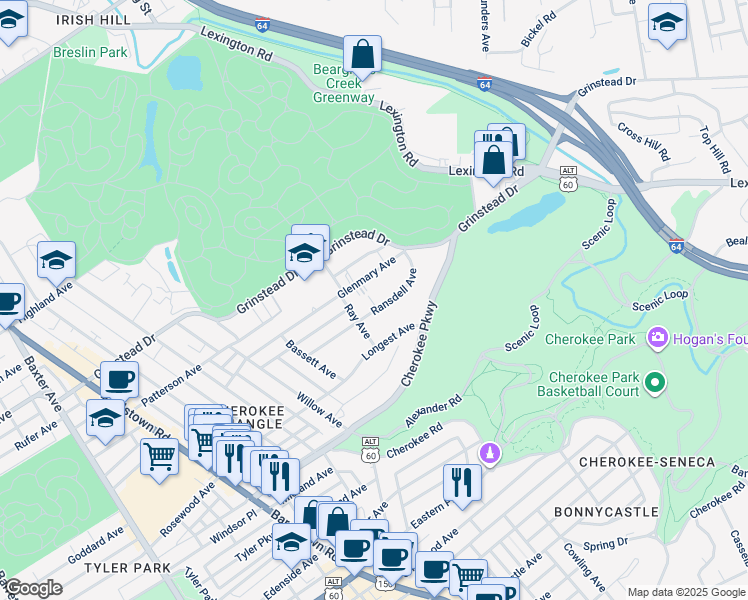 map of restaurants, bars, coffee shops, grocery stores, and more near 2519 Ransdell Avenue in Louisville