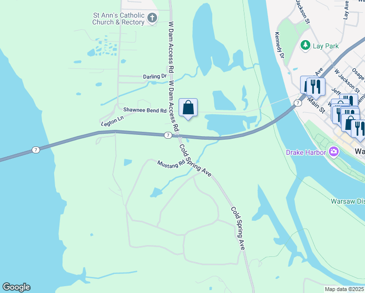 map of restaurants, bars, coffee shops, grocery stores, and more near 31046 Cold Spring Avenue in Warsaw