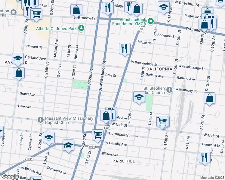 map of restaurants, bars, coffee shops, grocery stores, and more near 1821 Greenwood Avenue in Louisville