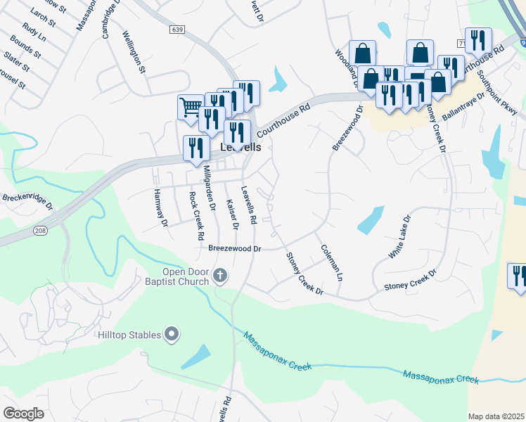 map of restaurants, bars, coffee shops, grocery stores, and more near 10422 Running Cedar Lane in Fredericksburg