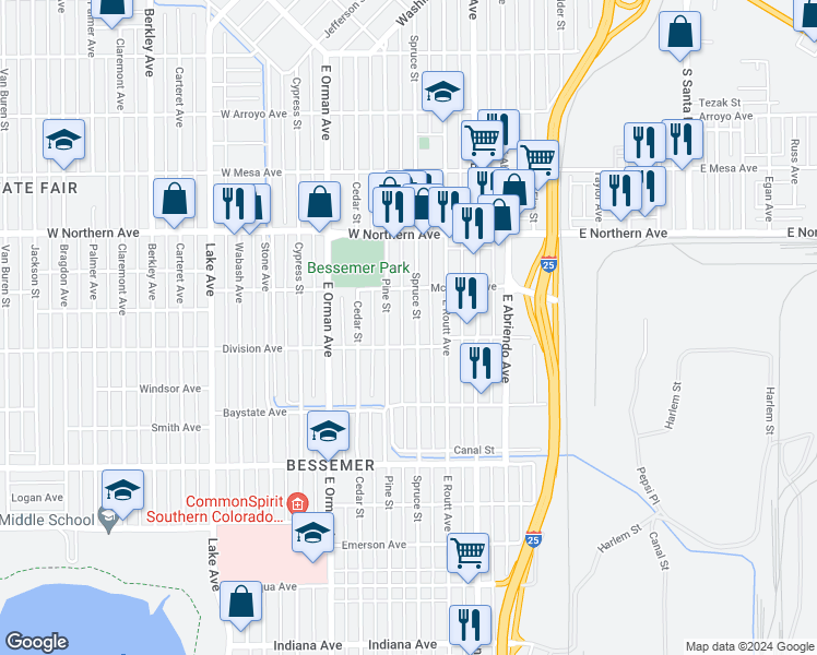map of restaurants, bars, coffee shops, grocery stores, and more near 1433 Spruce Street in Pueblo