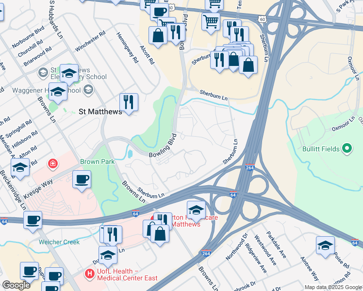 map of restaurants, bars, coffee shops, grocery stores, and more near 4550 Bowling Boulevard in Louisville