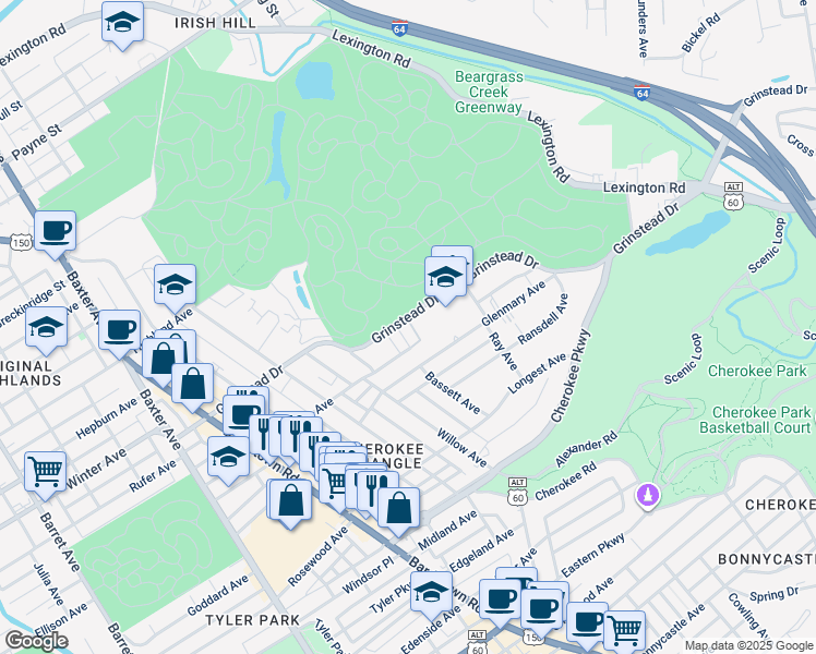 map of restaurants, bars, coffee shops, grocery stores, and more near 1018 Grinstead Court in Louisville