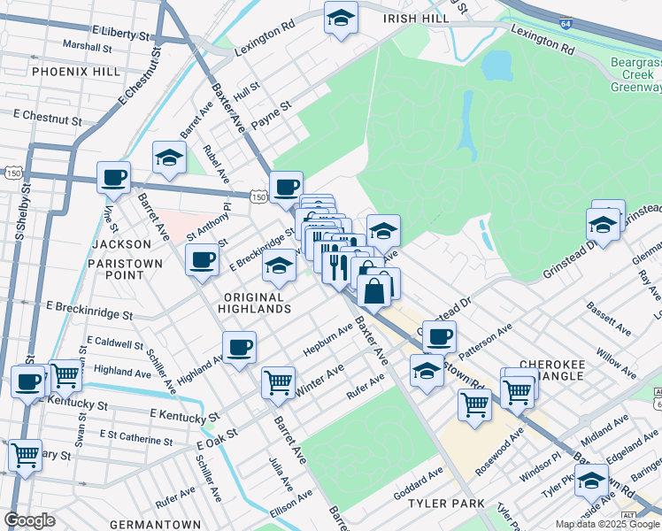 map of restaurants, bars, coffee shops, grocery stores, and more near 942 U.S. 150 in Louisville