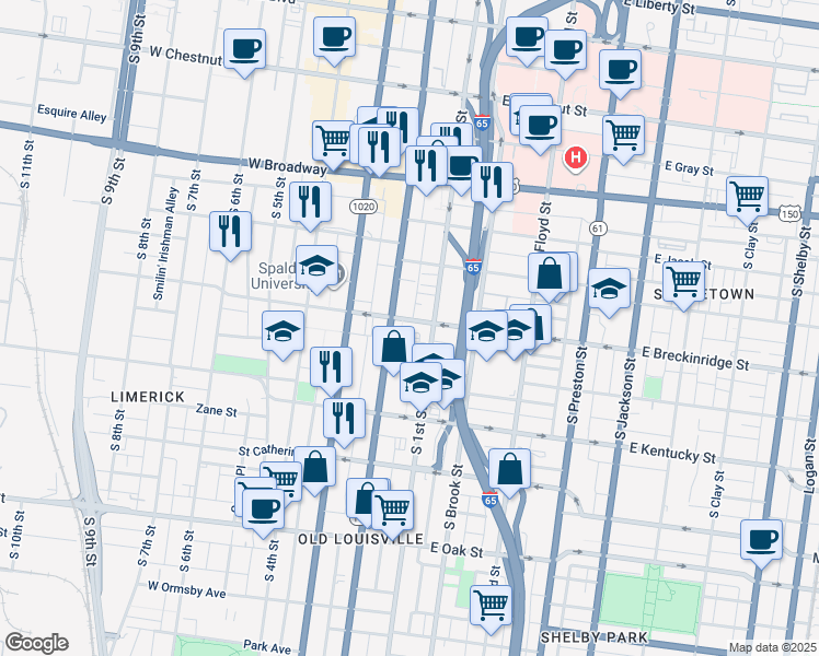 map of restaurants, bars, coffee shops, grocery stores, and more near 118 West Breckinridge Street in Louisville