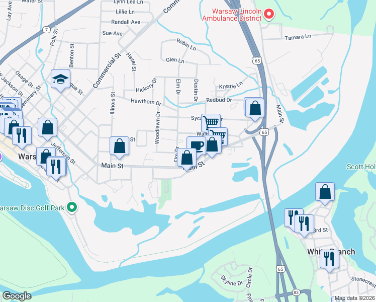 map of restaurants, bars, coffee shops, grocery stores, and more near 900 Main Street in Warsaw