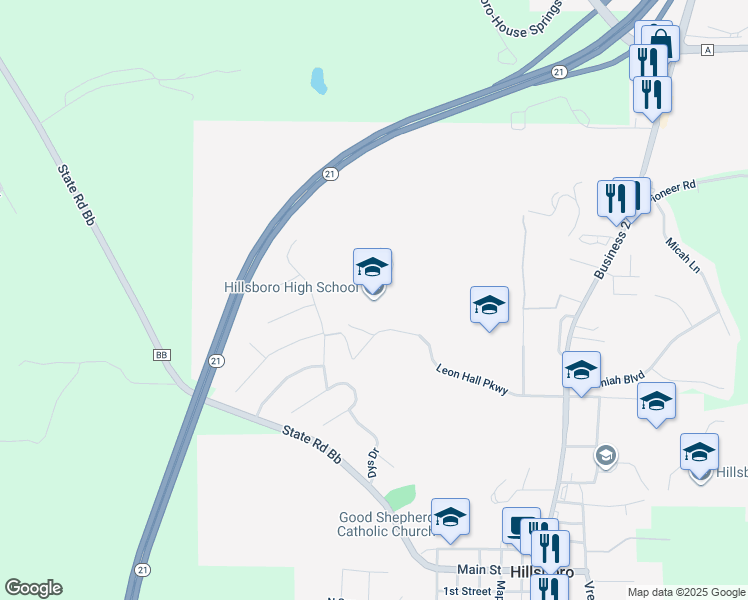 map of restaurants, bars, coffee shops, grocery stores, and more near 123 Leon Hall Parkway in Hillsboro