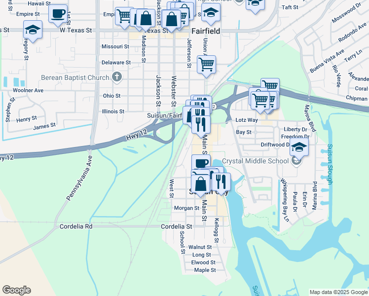 map of restaurants, bars, coffee shops, grocery stores, and more near 237 Benton Court in Suisun City