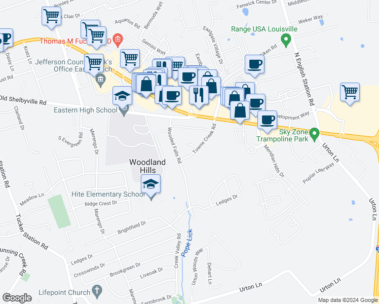 map of restaurants, bars, coffee shops, grocery stores, and more near 12607 Towne Creek Road in Louisville