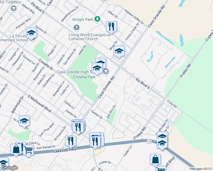 map of restaurants, bars, coffee shops, grocery stores, and more near 299 Casa Grande Road in Petaluma