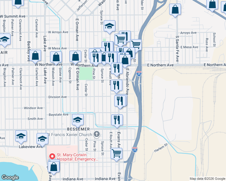 map of restaurants, bars, coffee shops, grocery stores, and more near 1434 East Routt Avenue in Pueblo