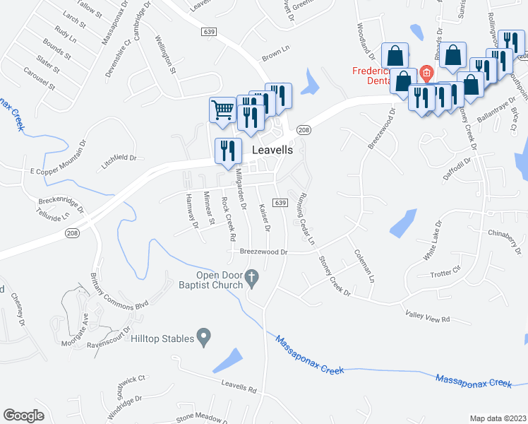 map of restaurants, bars, coffee shops, grocery stores, and more near 2126 Kaiser Drive in Fredericksburg