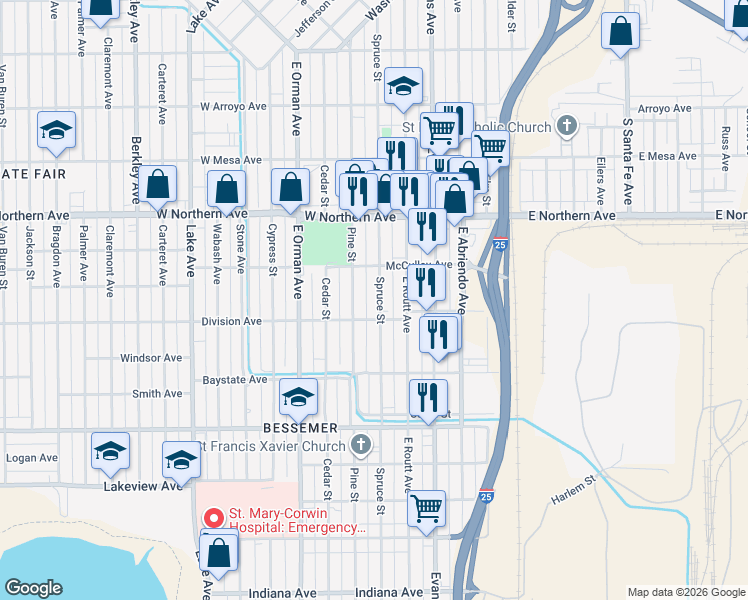 map of restaurants, bars, coffee shops, grocery stores, and more near 1427 Spruce Street in Pueblo