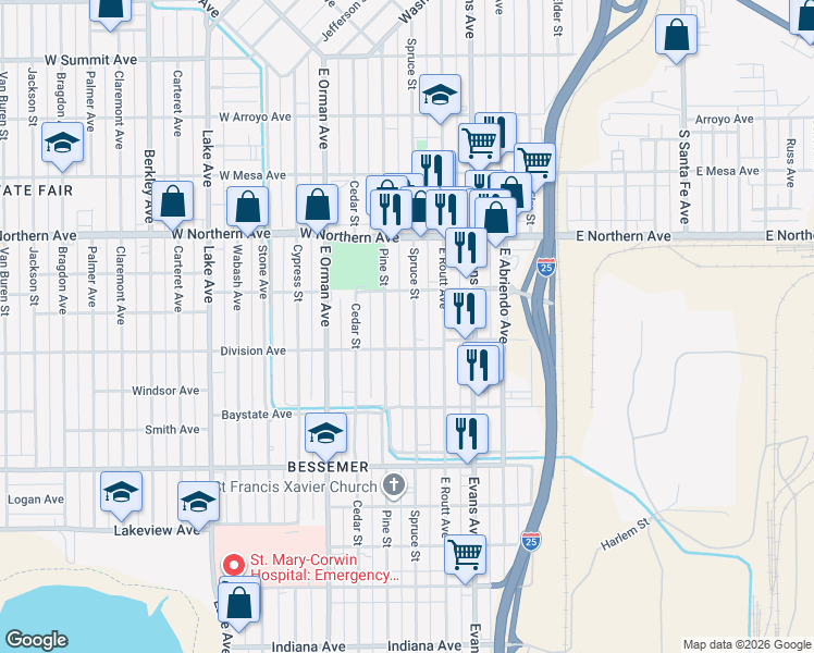 map of restaurants, bars, coffee shops, grocery stores, and more near 1427 Spruce Street in Pueblo