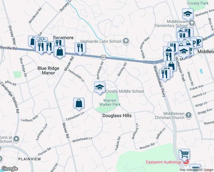 map of restaurants, bars, coffee shops, grocery stores, and more near 411 Logsdon Court in Douglass Hills