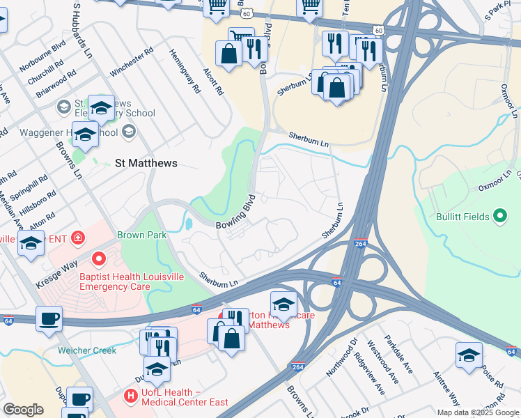 map of restaurants, bars, coffee shops, grocery stores, and more near 4550 Bowling Boulevard in Louisville