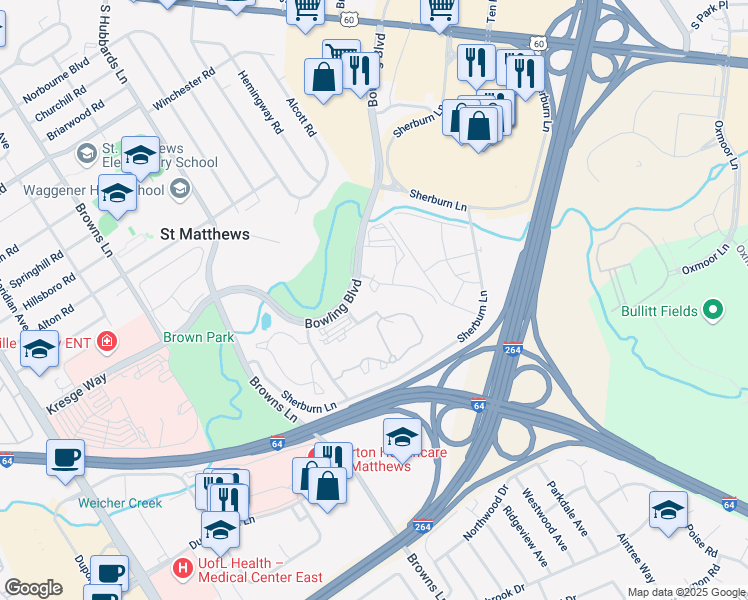 map of restaurants, bars, coffee shops, grocery stores, and more near 4600 Bowling Boulevard in Louisville