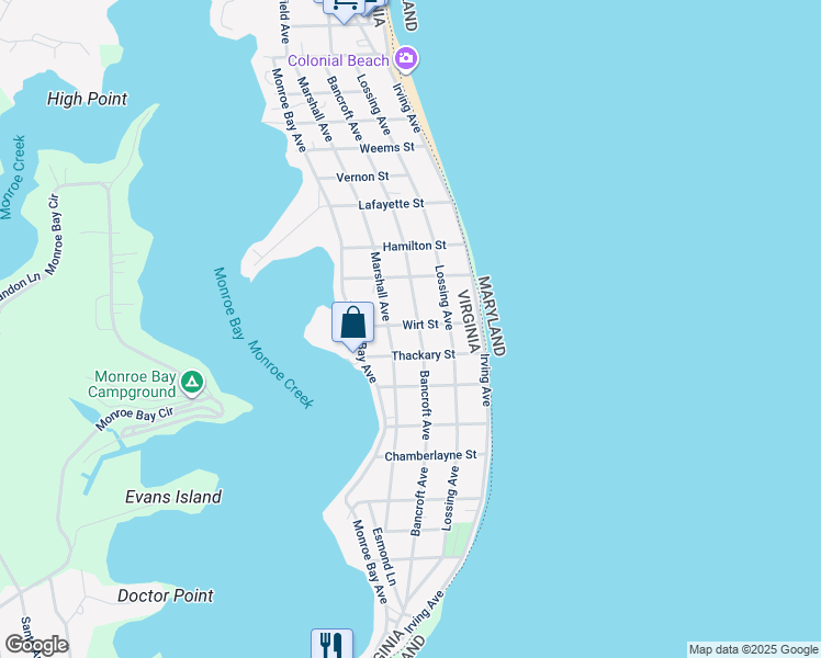 map of restaurants, bars, coffee shops, grocery stores, and more near 801 Bancroft Avenue in Colonial Beach