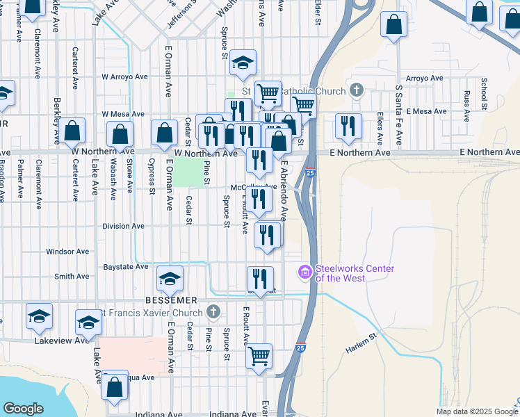 map of restaurants, bars, coffee shops, grocery stores, and more near in Pueblo