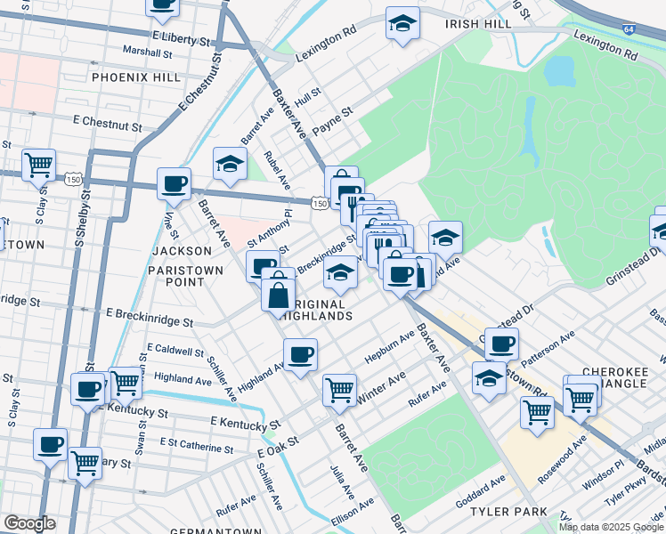 map of restaurants, bars, coffee shops, grocery stores, and more near 1430 Christy Avenue in Louisville