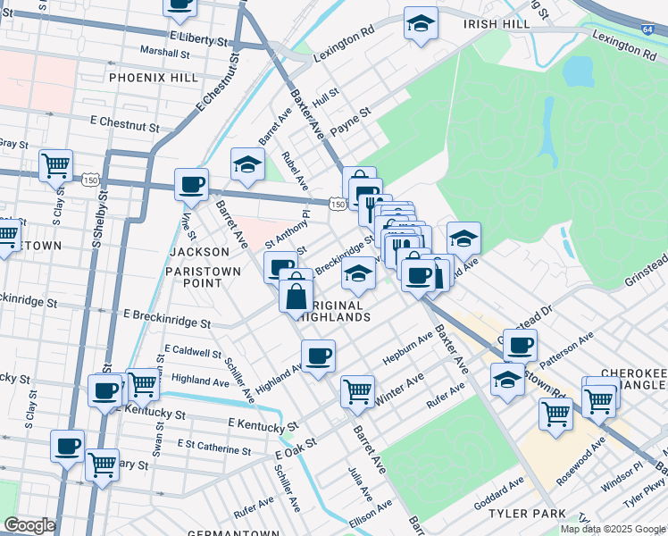 map of restaurants, bars, coffee shops, grocery stores, and more near 1430 Christy Avenue in Louisville