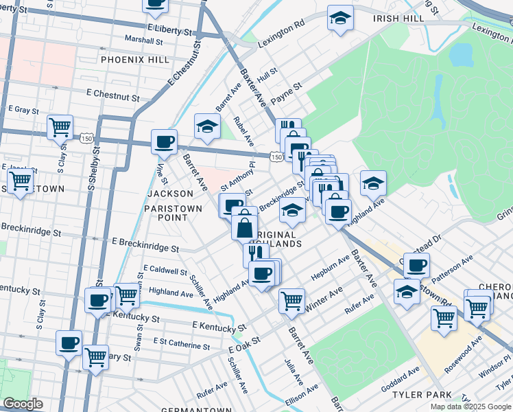 map of restaurants, bars, coffee shops, grocery stores, and more near 1338 East Breckinridge Street in Louisville