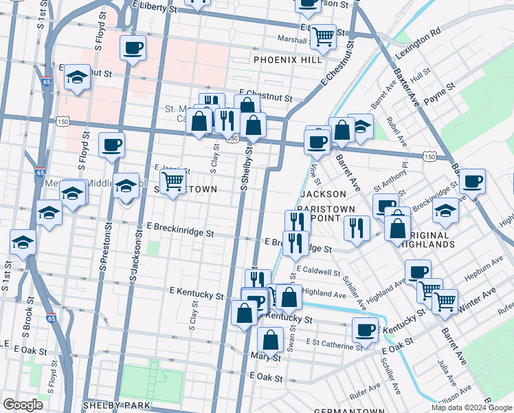 map of restaurants, bars, coffee shops, grocery stores, and more near 801 Logan Street in Louisville