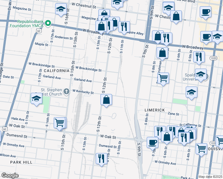 map of restaurants, bars, coffee shops, grocery stores, and more near 1110 West Kentucky Street in Louisville