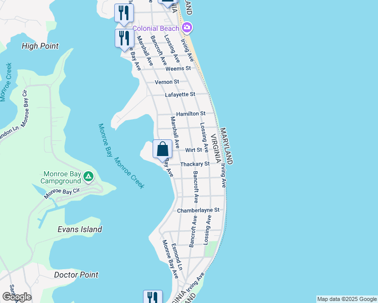 map of restaurants, bars, coffee shops, grocery stores, and more near 801 Bancroft Avenue in Colonial Beach
