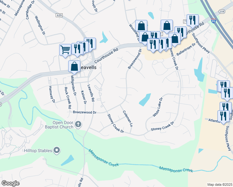map of restaurants, bars, coffee shops, grocery stores, and more near 4 Foxhall Circle in Fredericksburg