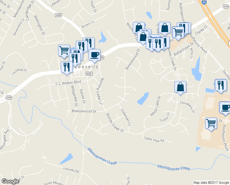 map of restaurants, bars, coffee shops, grocery stores, and more near 4 Foxhall Circle in Fredericksburg