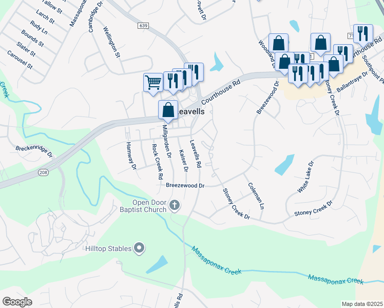 map of restaurants, bars, coffee shops, grocery stores, and more near 10424 Leavells Road in Fredericksburg