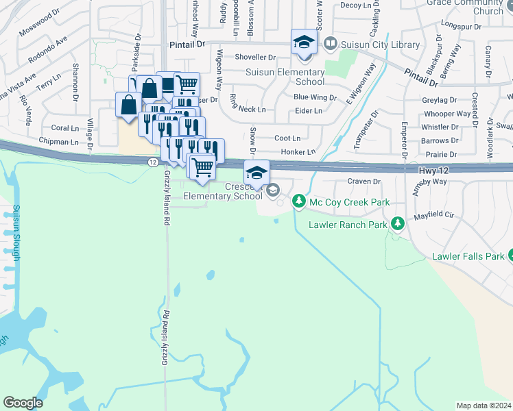 map of restaurants, bars, coffee shops, grocery stores, and more near 1001 Anderson Drive in Suisun City