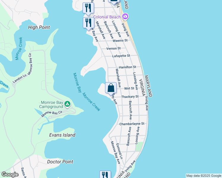 map of restaurants, bars, coffee shops, grocery stores, and more near 400 Wirt Street in Colonial Beach