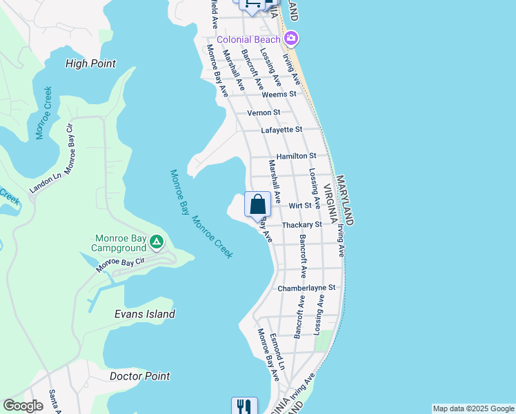 map of restaurants, bars, coffee shops, grocery stores, and more near 400 Wirt Street in Colonial Beach