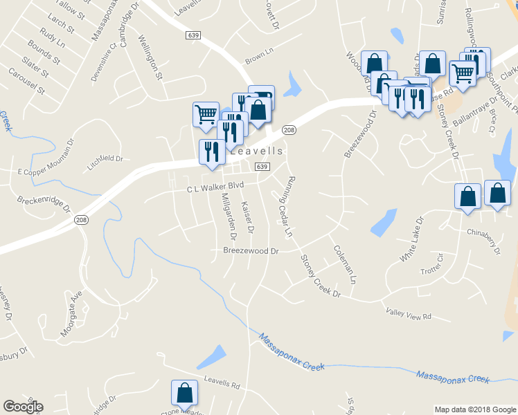 map of restaurants, bars, coffee shops, grocery stores, and more near 10424 Leavells Road in Fredericksburg