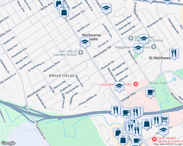 map of restaurants, bars, coffee shops, grocery stores, and more near 3806 Plymouth Road in Louisville