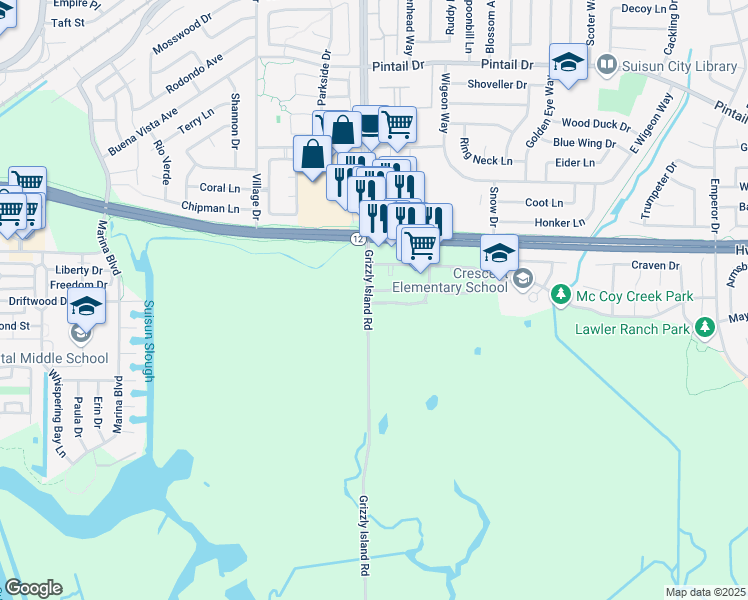 map of restaurants, bars, coffee shops, grocery stores, and more near 1276 Gray Hawk Lane in Suisun City