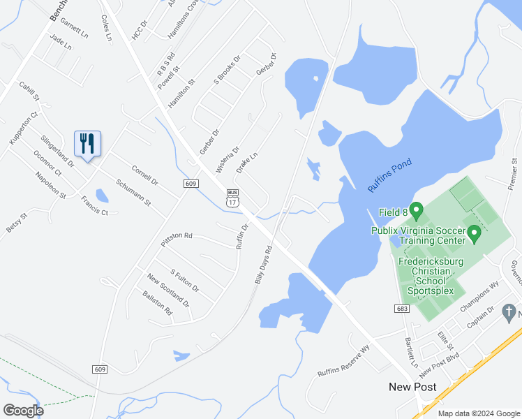 map of restaurants, bars, coffee shops, grocery stores, and more near Mallard Landing Drive in Fredericksburg