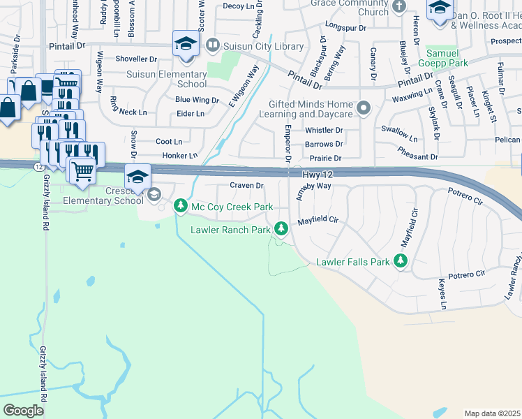 map of restaurants, bars, coffee shops, grocery stores, and more near 401 Craven Drive in Suisun City
