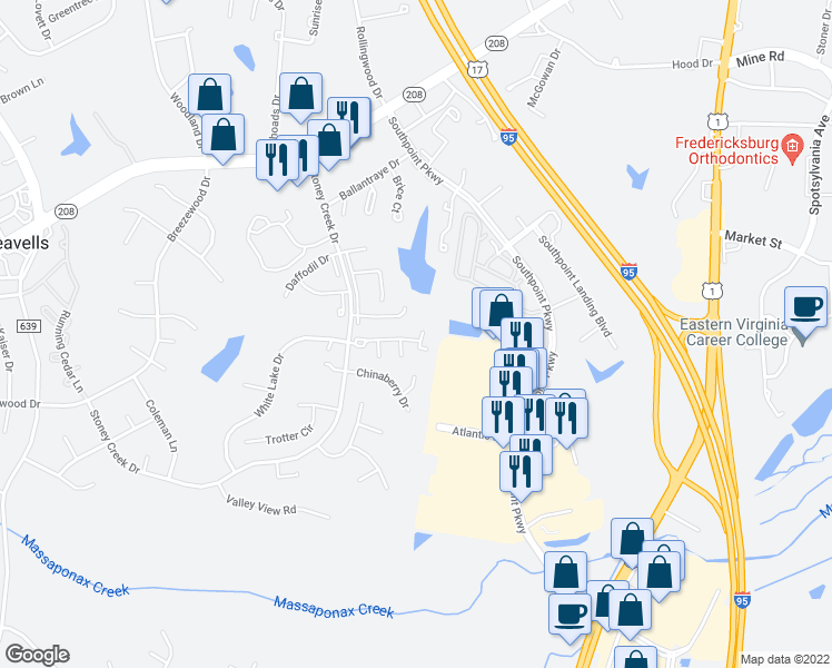 map of restaurants, bars, coffee shops, grocery stores, and more near 5119 Dominion Drive in Fredericksburg